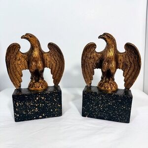 Vintage Gold Wooden Eagle Bookends Pair Speckled Base Americana Office Decor